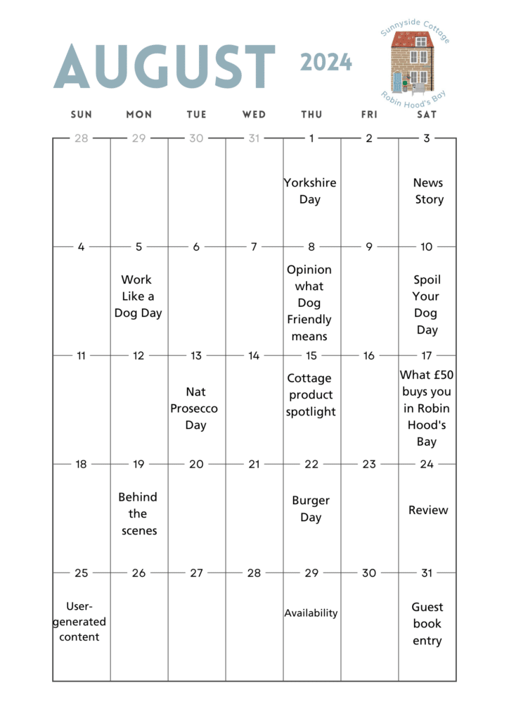 Example social media calendar for a dog friendly holiday cottage